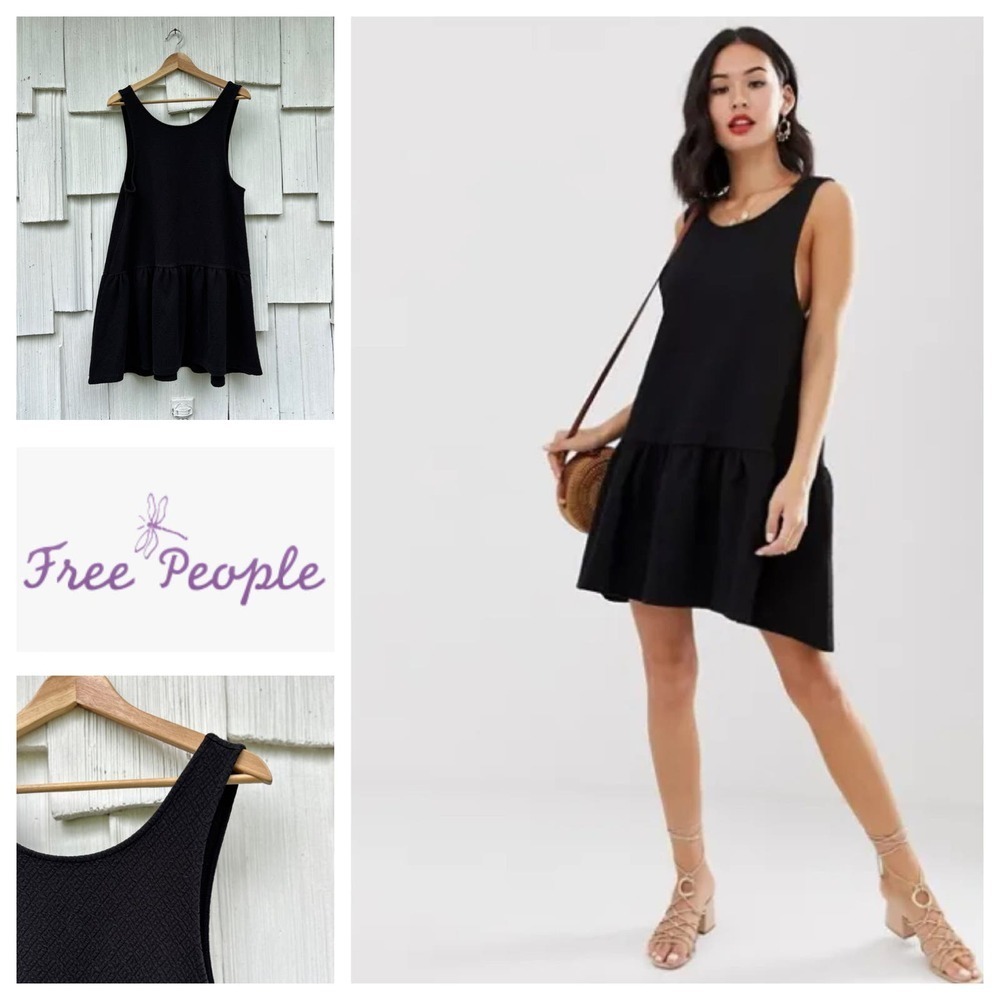 Free People Easy Street Mini Dress Woven‎ Textured V-Back Flutter Skirt Black S
